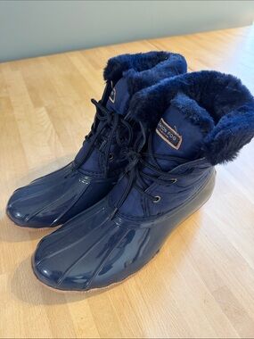 London Fog Navy Glossy Faux-Fur Lined Lace-Up Rain Boots